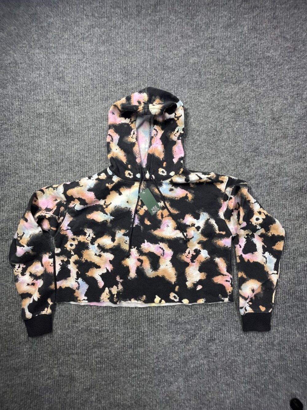 New Wild Fable Cropped Hoodie Women's Size LargeBlack Multi Tie Dye Raw Edge Hem
